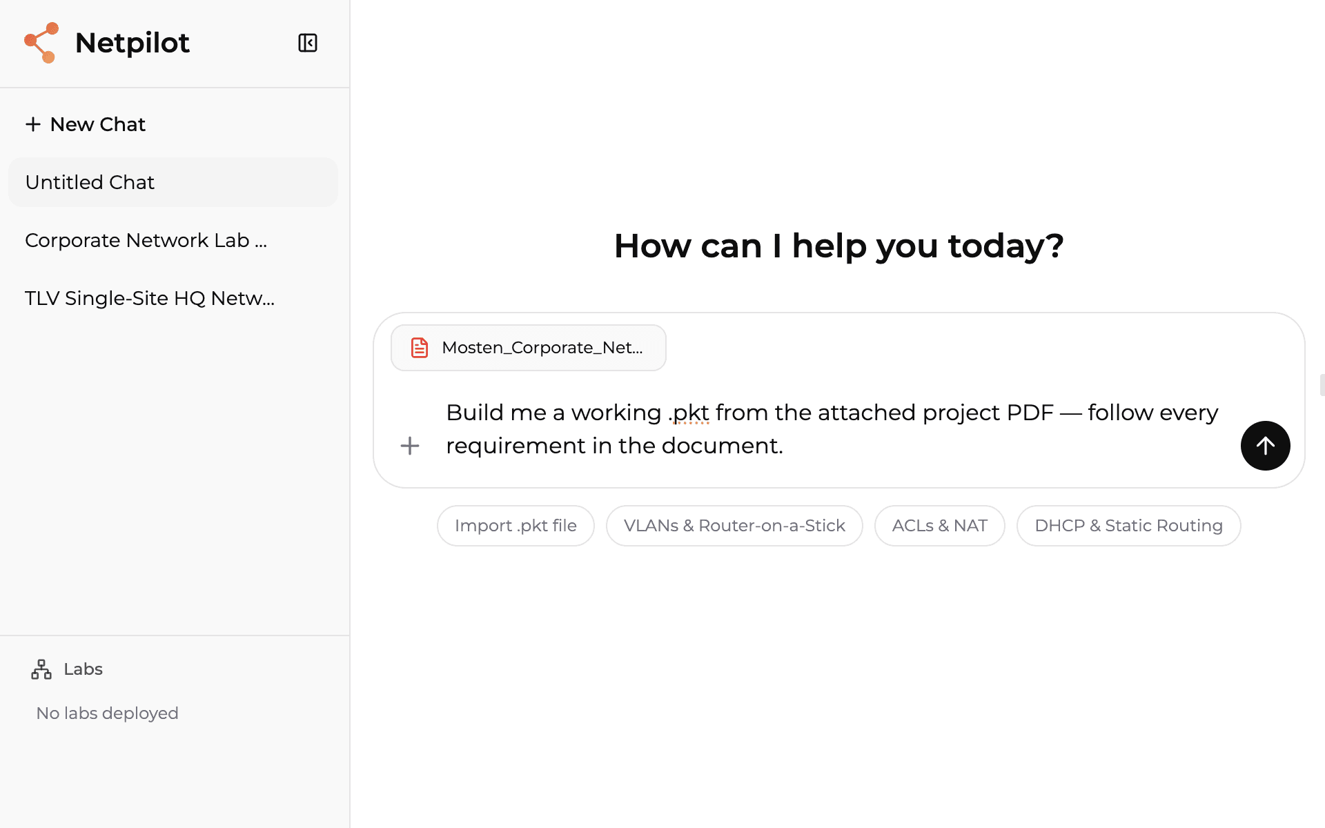 Attaching a corporate network project PDF in NetPilot and asking it to build a working .pkt file
