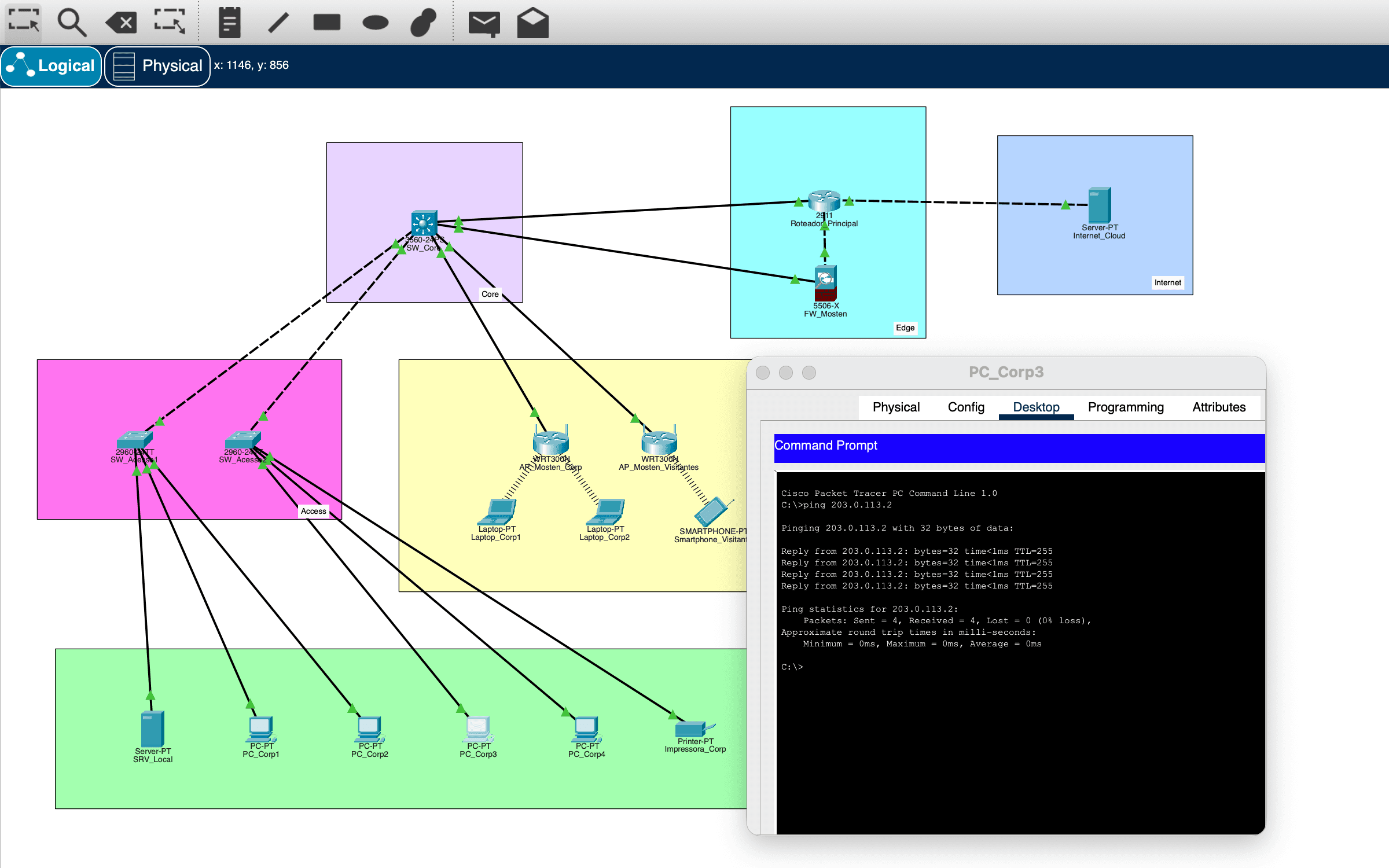 The generated lab open in Cisco Packet Tracer with a successful end-to-end ping